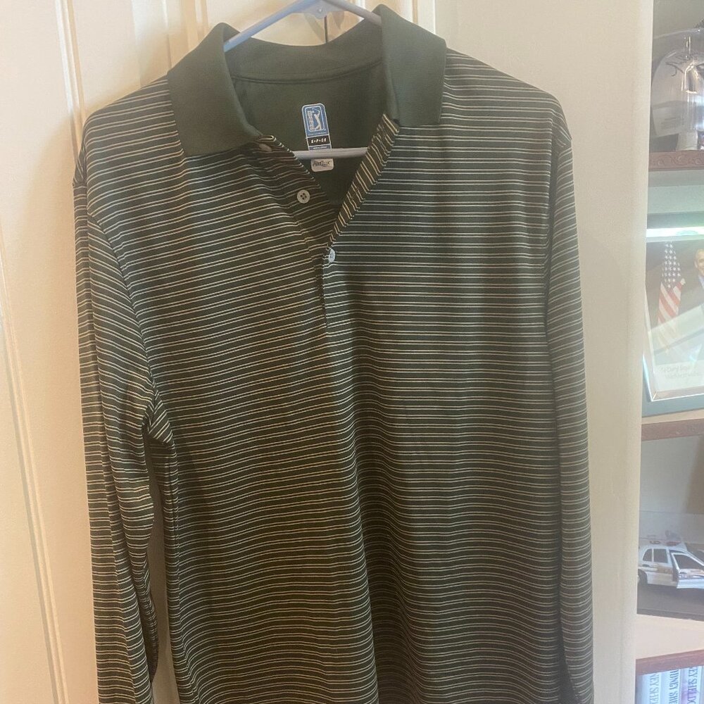 PGA Airflux Golf Shirt (Long sleeve) Size Mens Small Green w stripes